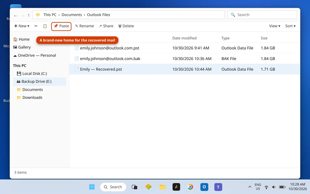 File Explorer Outlook Files folder showing the old PST, the new healthy PST and the SCANPST backup file
