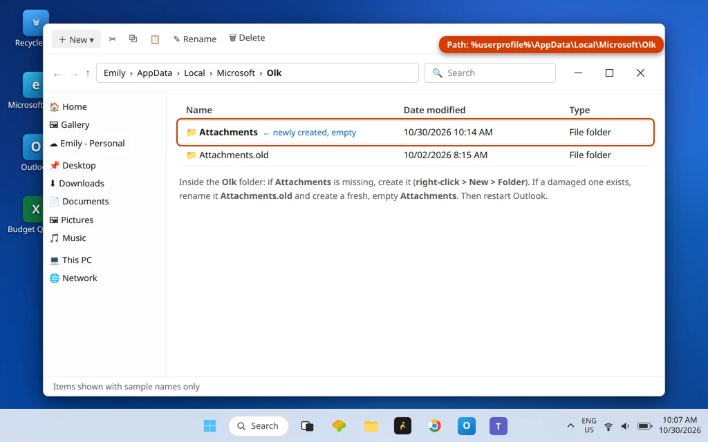 File Explorer inside the Microsoft Olk folder with a newly created Attachments folder highlighted
