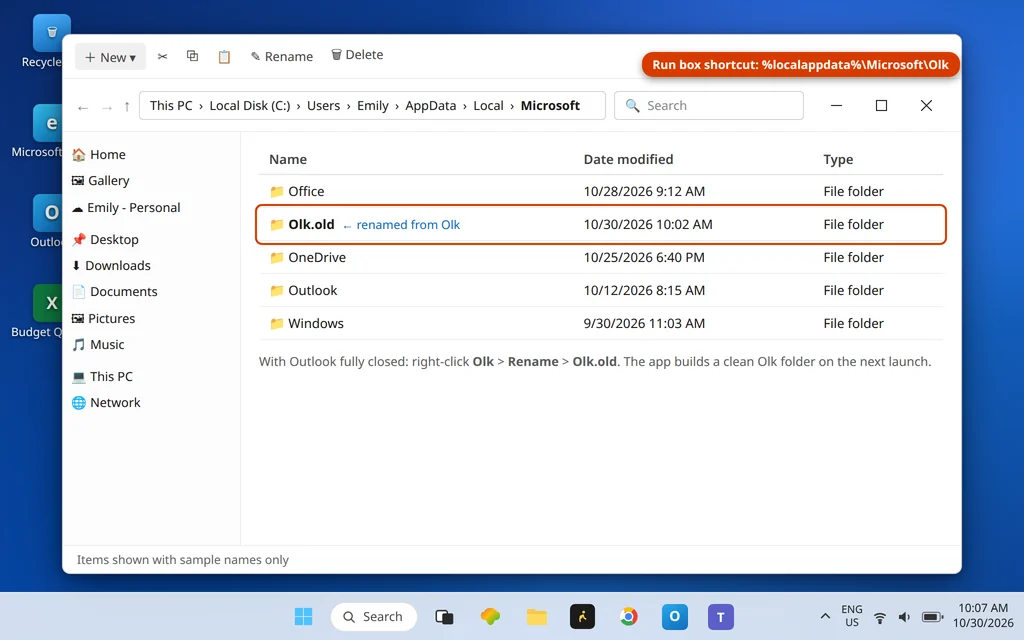 File Explorer at AppData Local Microsoft with the Olk folder renamed to Olk.old