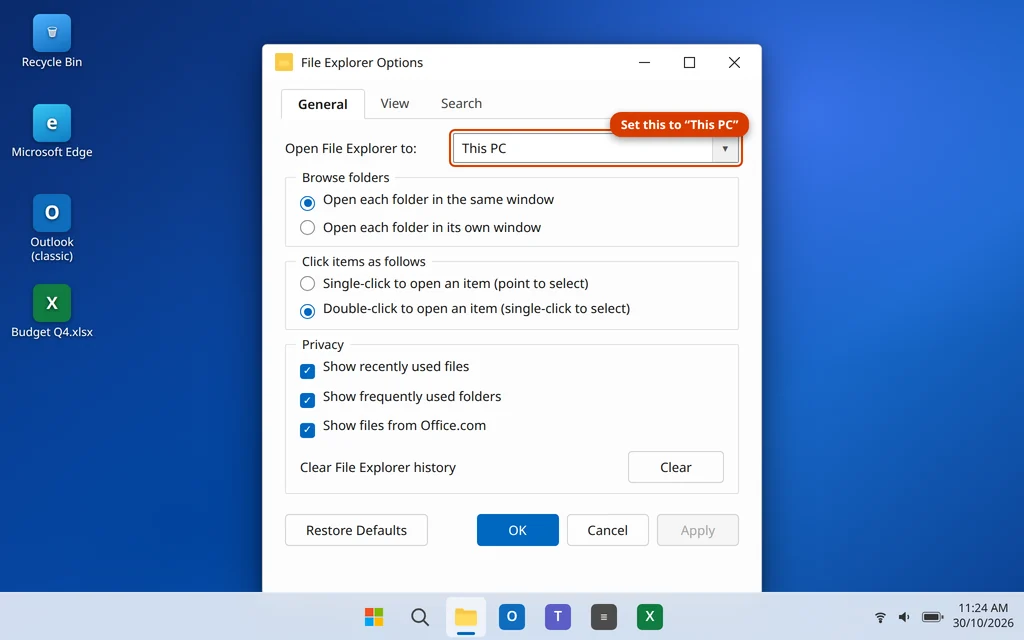 Set Open File Explorer to This PC in File Explorer Options