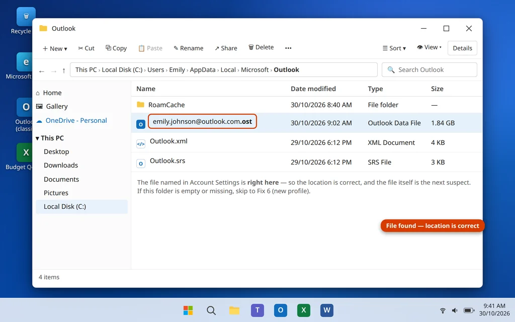File Explorer showing the Outlook OST data file in the Microsoft Outlook folder