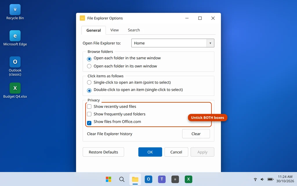 File Explorer Options privacy settings with recent files and frequent folders turned off