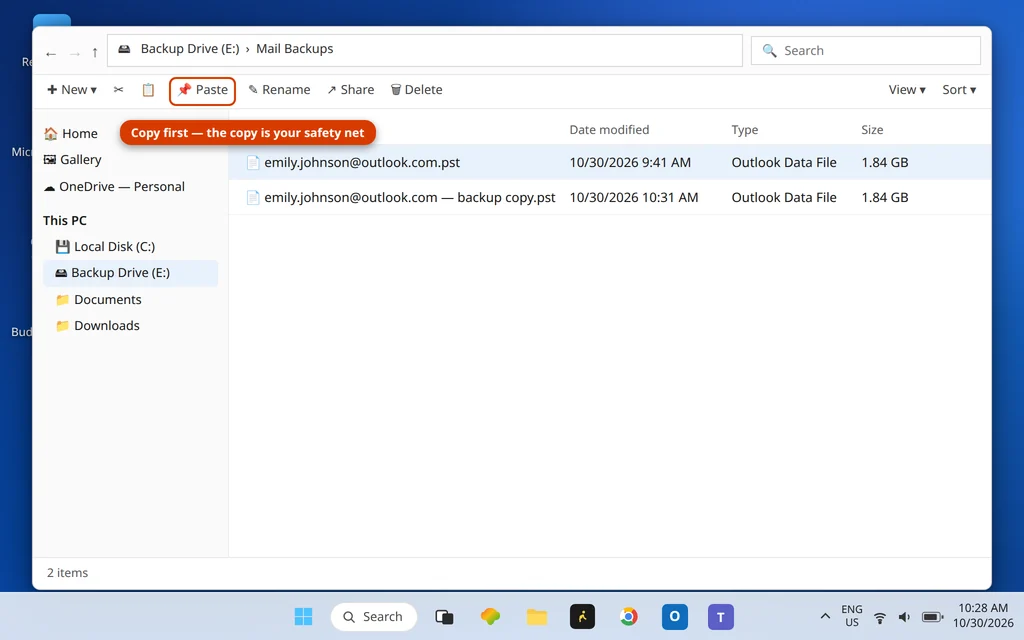 File Explorer showing the Outlook PST file copied to an external drive as a backup before repair