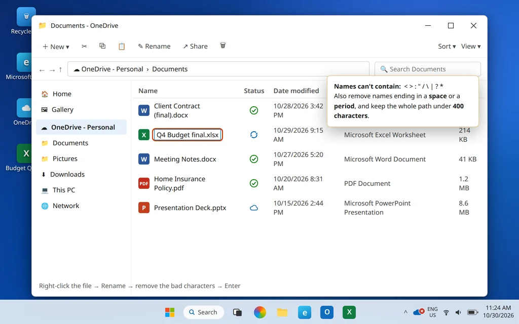 Renaming a OneDrive file to remove invalid characters so the red X clears