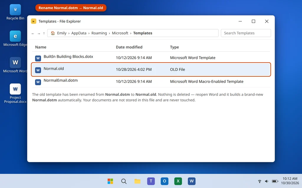 Rename the Normal.dotm template file to Normal.old in the Microsoft Templates folder in File Explorer