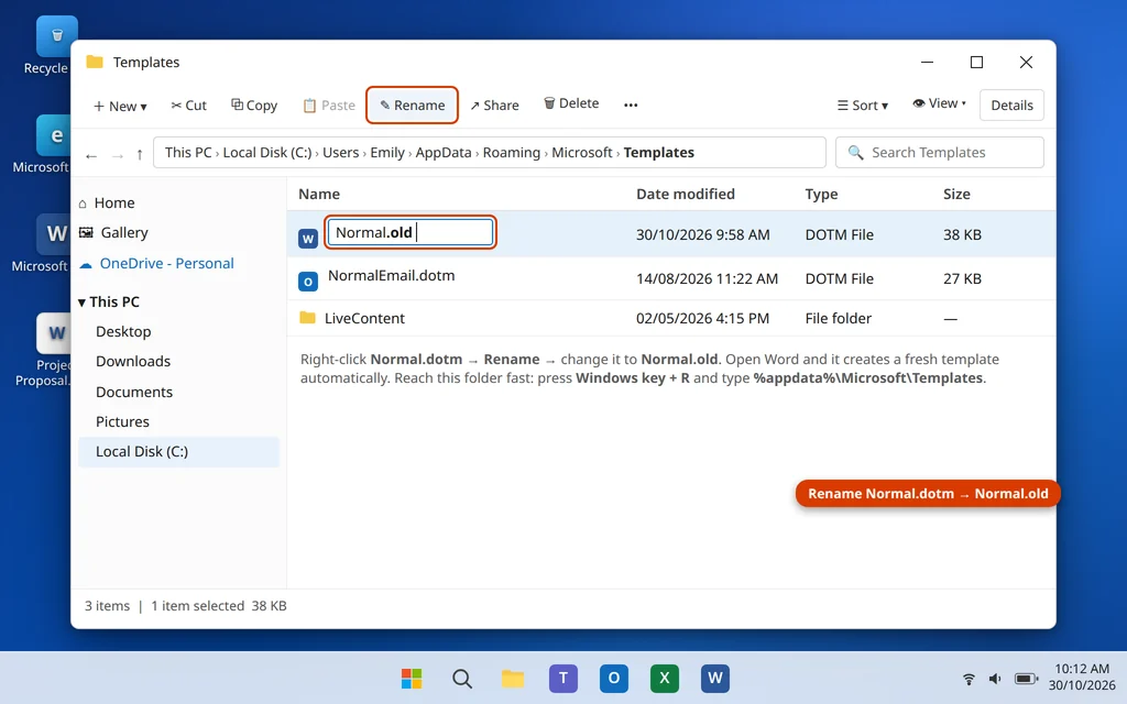 Rename the Normal.dotm template file in the Microsoft Templates folder in File Explorer