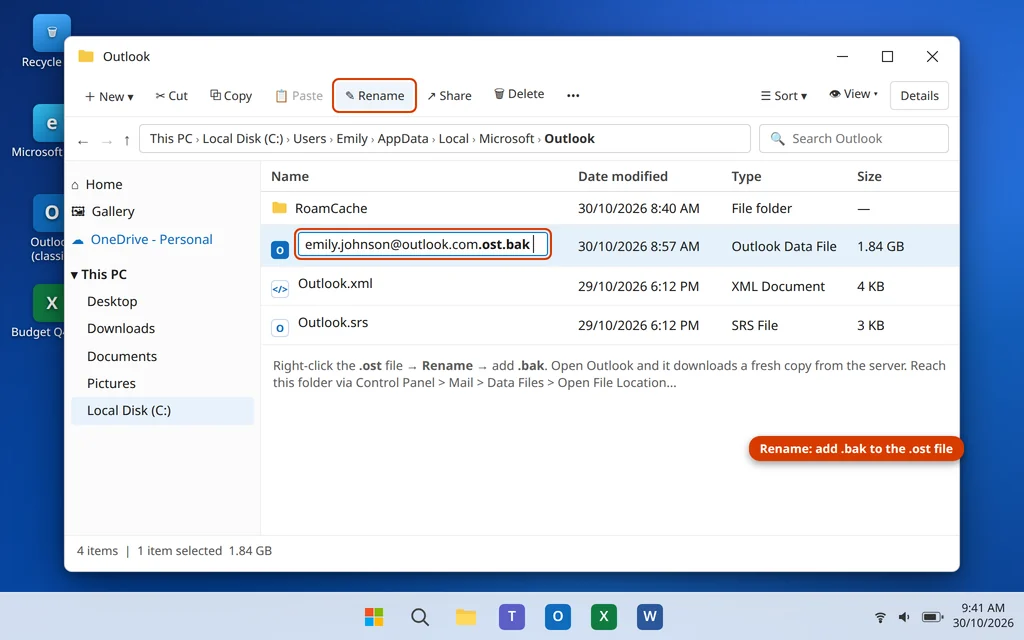 Rename the Outlook OST data file in File Explorer so Outlook rebuilds it