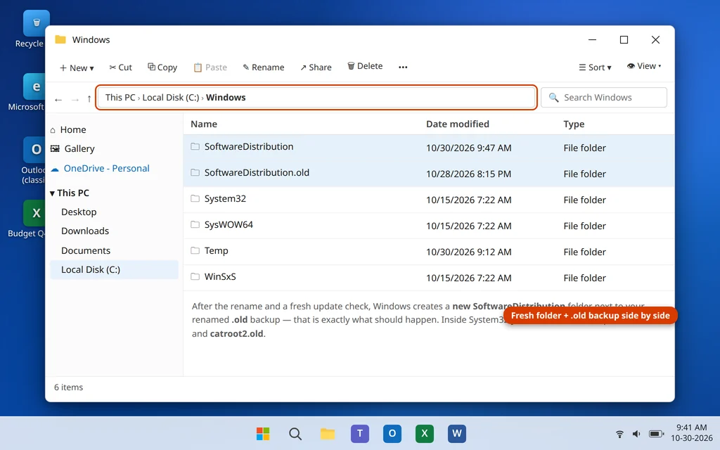 Fresh SoftwareDistribution folder next to the renamed SoftwareDistribution.old backup in File Explorer