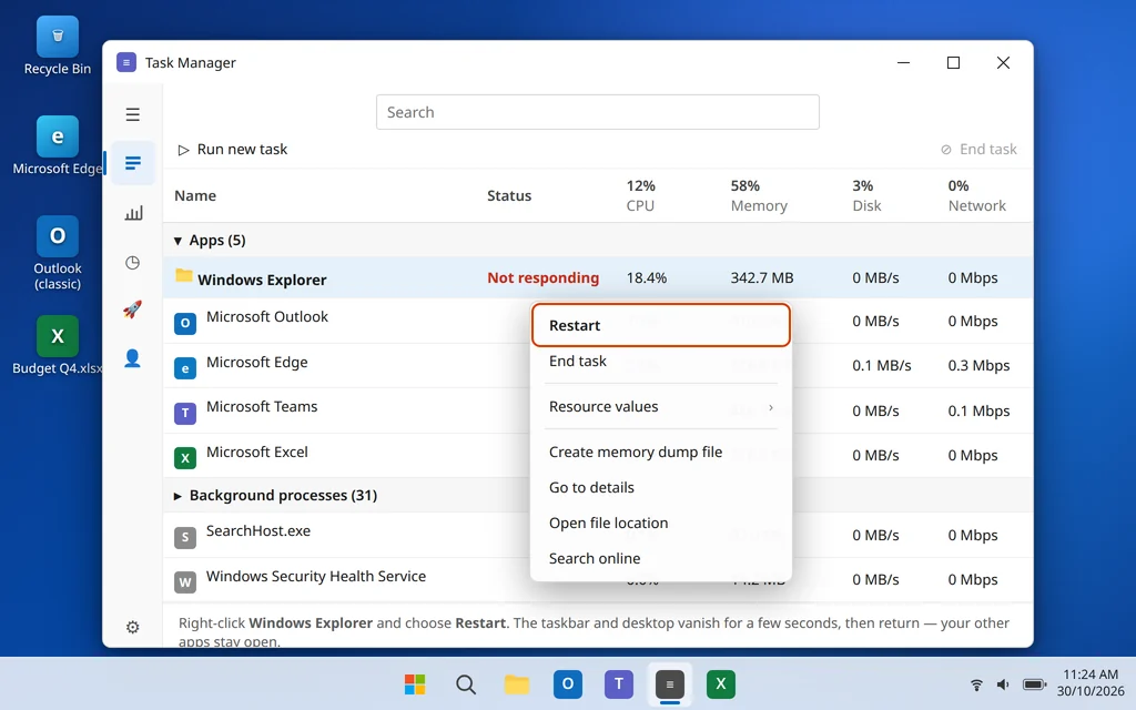 Restart Windows Explorer in Task Manager to fix File Explorer not responding