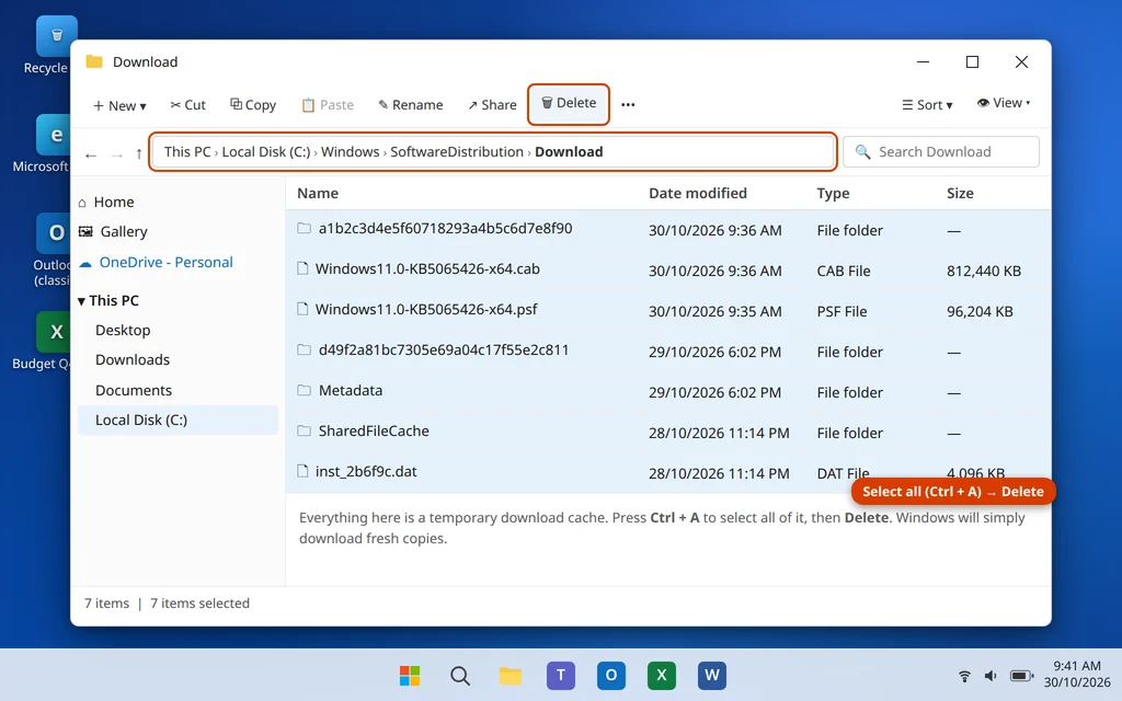 Contents of the SoftwareDistribution Download folder selected in File Explorer ready to delete