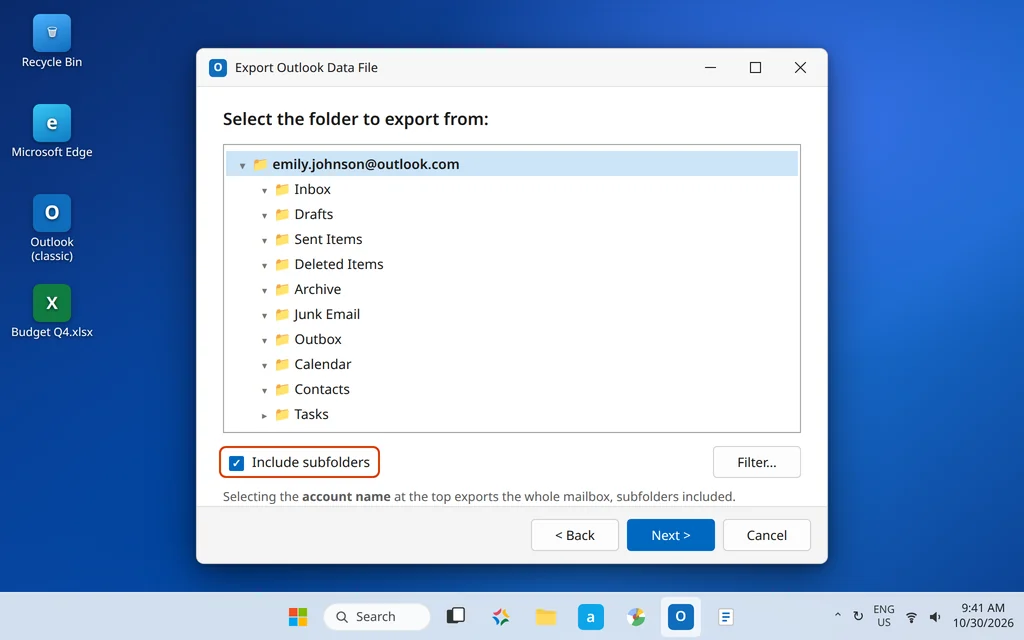 Export Outlook Data File folder tree with the account selected and Include subfolders checked