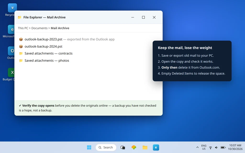 Mail archive saved on a PC — exported Outlook backup files in a Mail Archive folder, verified before deleting the originals from Outlook.com to free storage