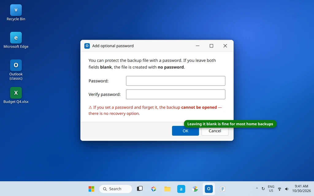 Add optional password dialog when exporting an Outlook PST file
