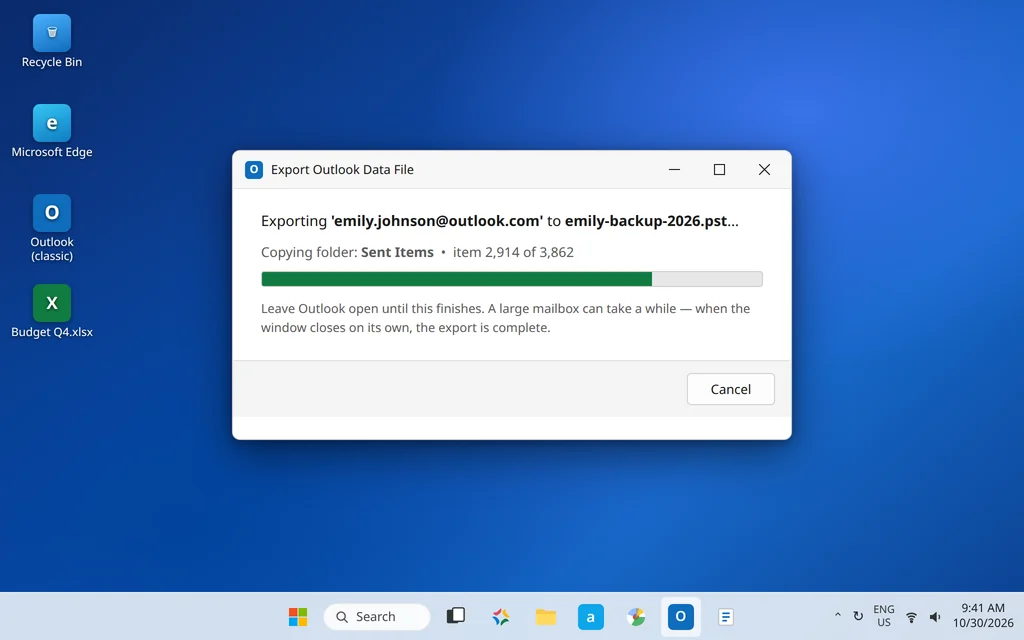 Export Outlook Data File progress window copying folders to the PST backup