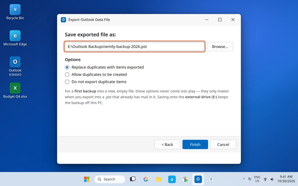 Save exported file as with the path set to an external drive and the duplicates options shown