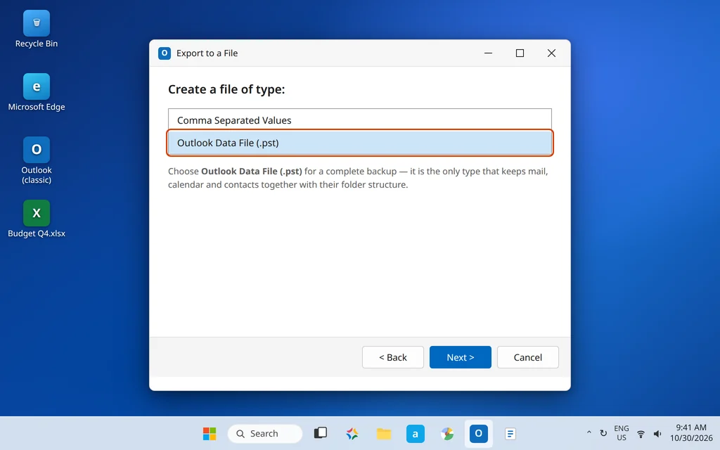 Create a file of type list with Outlook Data File PST selected