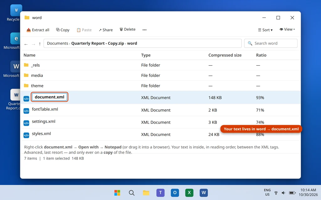 The word folder inside a renamed .docx ZIP archive showing document.xml, which holds the document's text