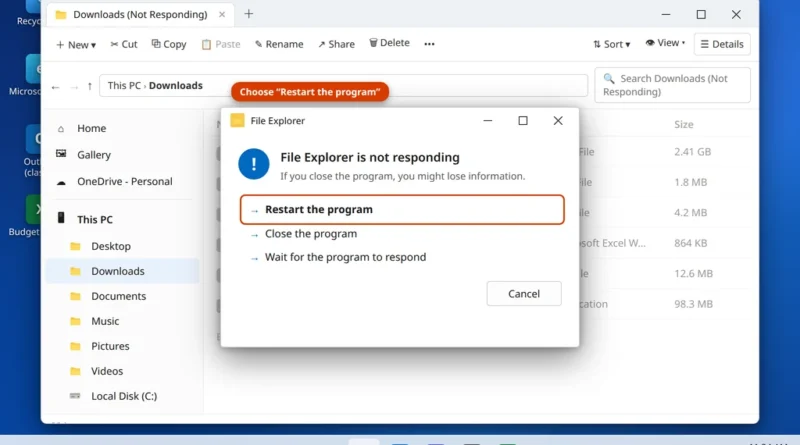File Explorer window showing Not Responding on Windows 11