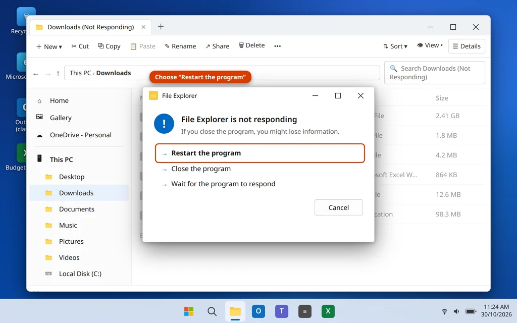 File Explorer window showing Not Responding on Windows 11