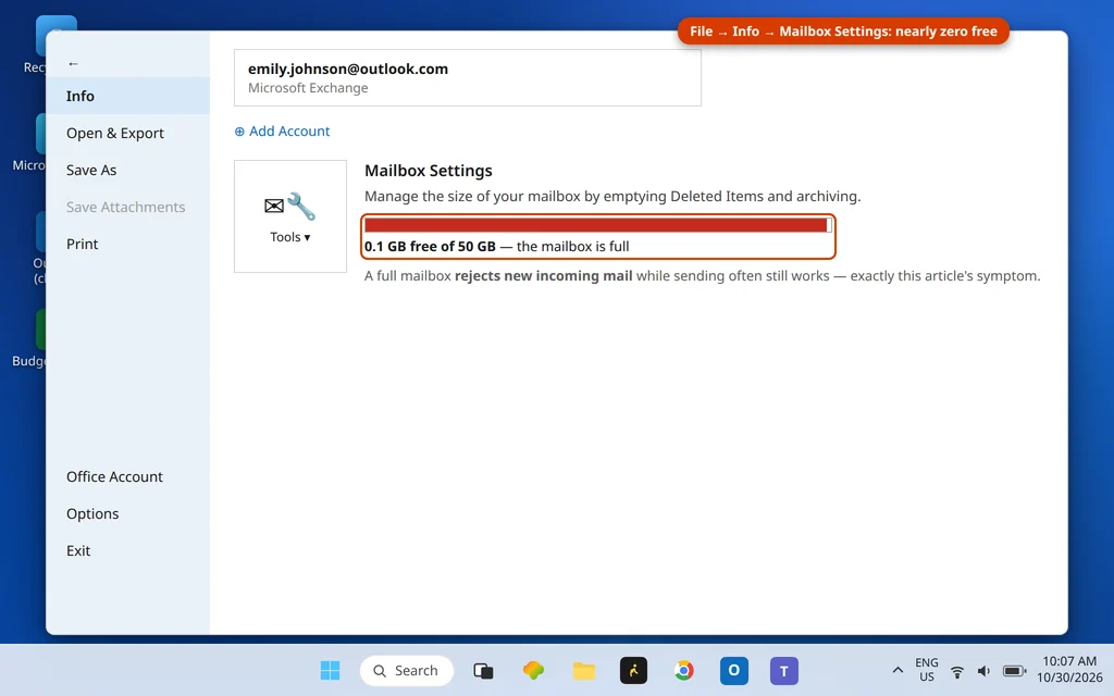 Outlook File Info Mailbox Settings showing the mailbox almost full at 48.9 of 50 GB