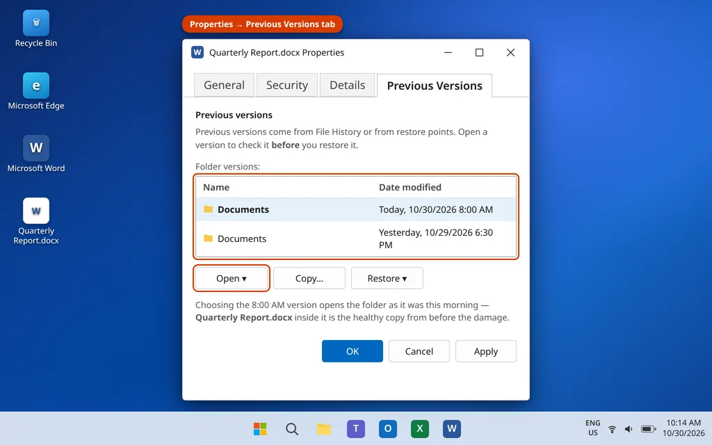 The Previous Versions tab in a Word file's Properties showing an earlier version of the document to restore