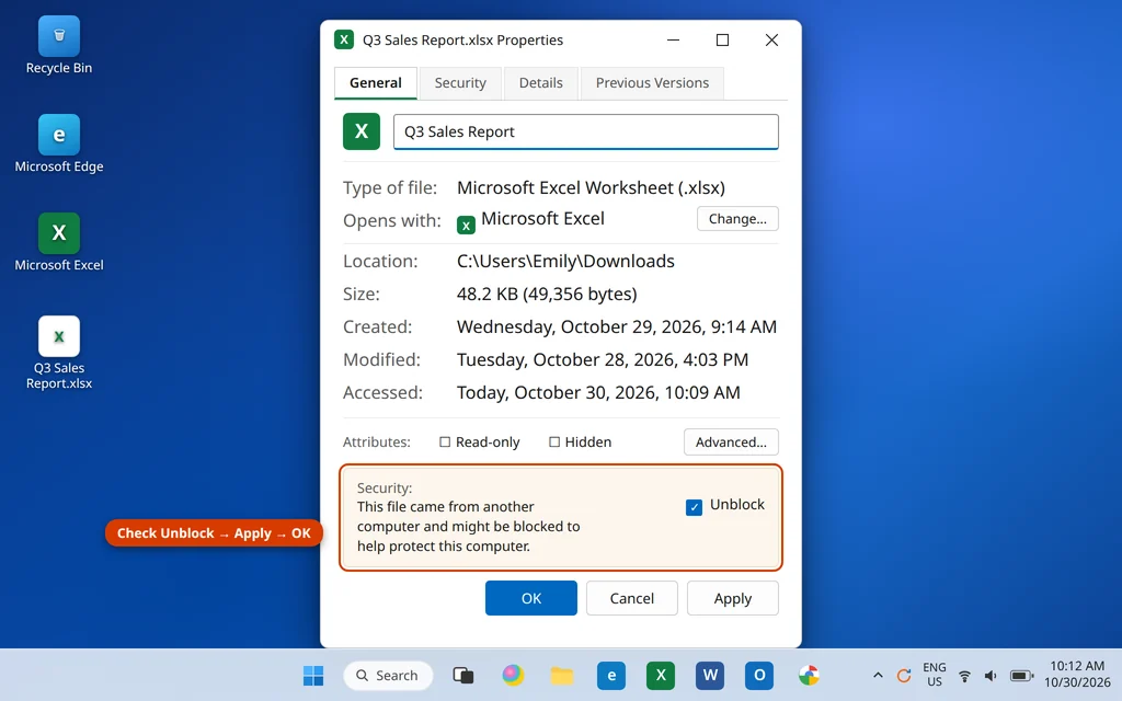 Unblock an Excel file in its Properties so Excel can open a downloaded spreadsheet