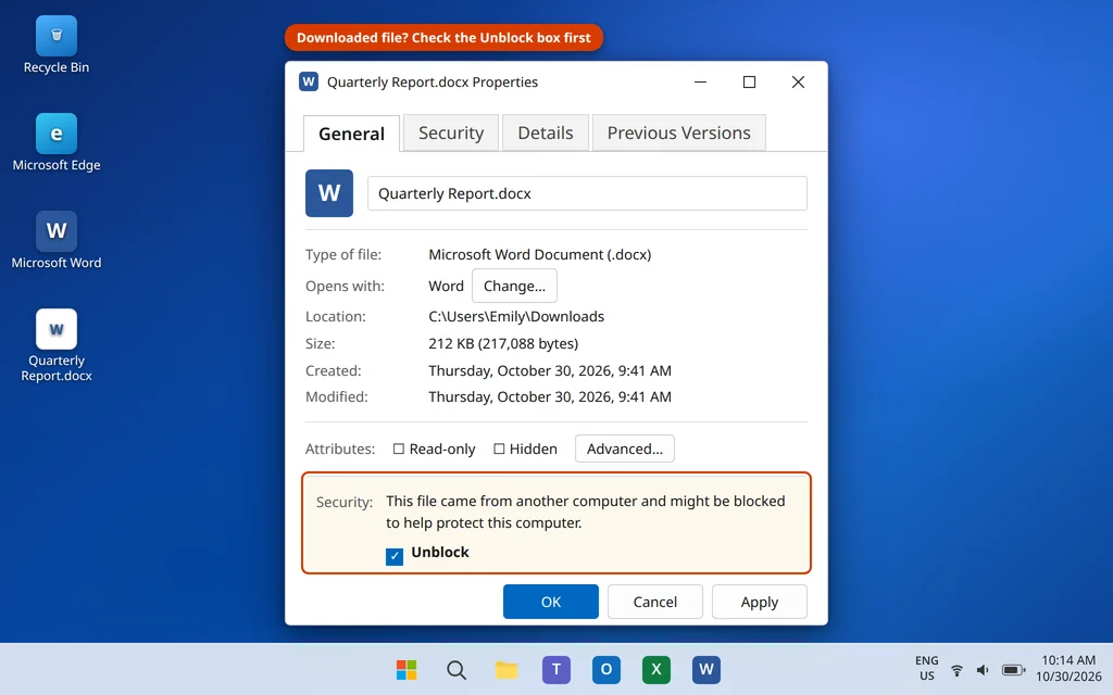 The Unblock checkbox in a downloaded Word file's Properties, under "This file came from another computer"