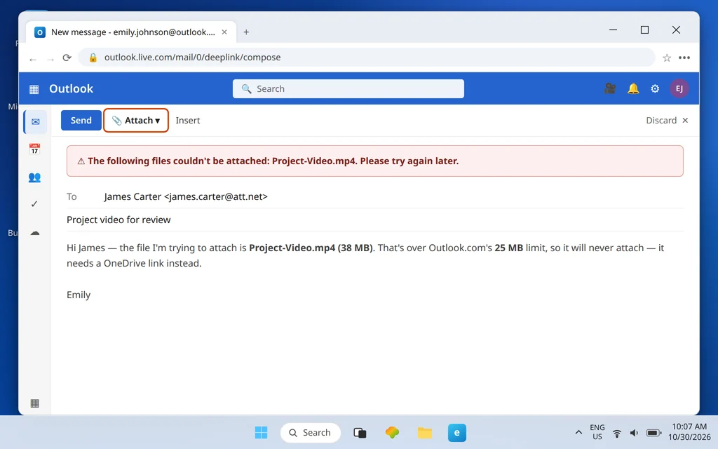 Outlook.com compose window showing the exact error The following files couldnt be attached with a 38 MB file over the 25 MB limit