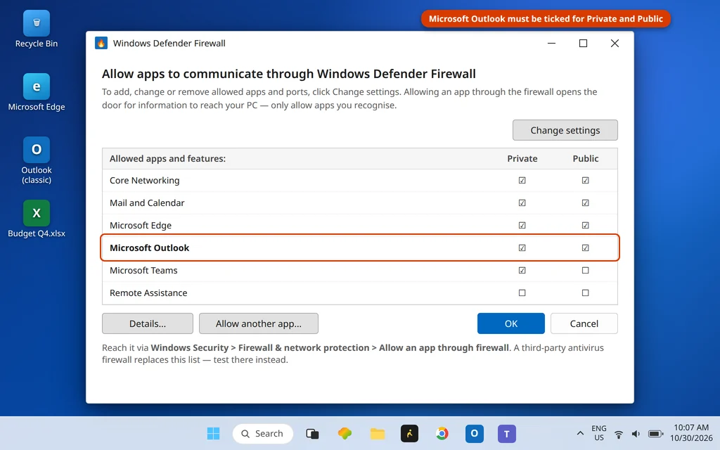 Windows Defender Firewall allowed apps list with Microsoft Outlook ticked for private and public networks
