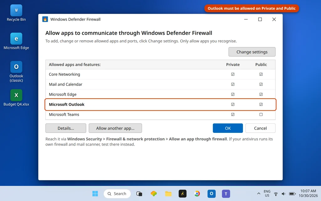 Windows Firewall allowed apps list with Outlook allowed on Private and Public networks
