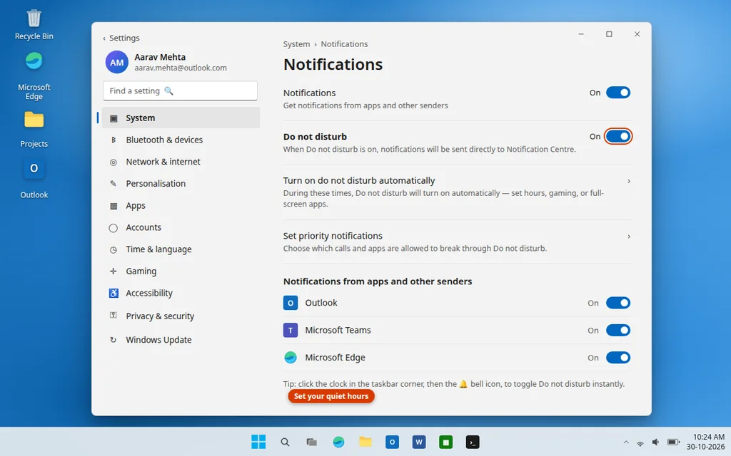 Do not disturb settings in Windows 11 Settings System Notifications