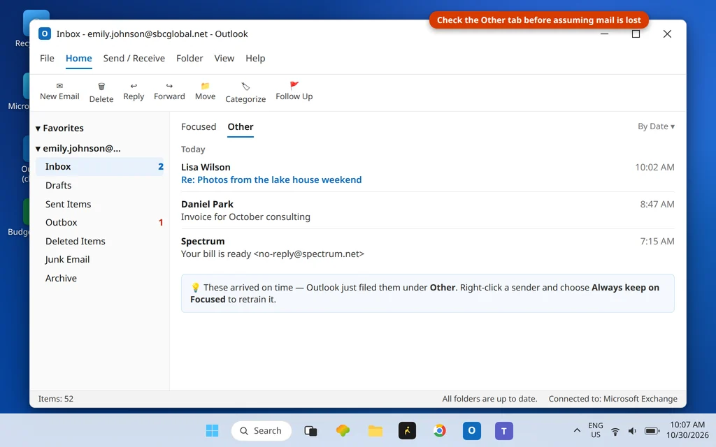 New Outlook message list with the Focused and Other tabs and mail waiting under Other