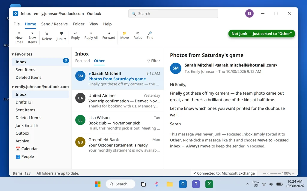 Outlook inbox with the Other tab of Focused Inbox selected, showing a wanted message that was sorted there instead of the Inbox