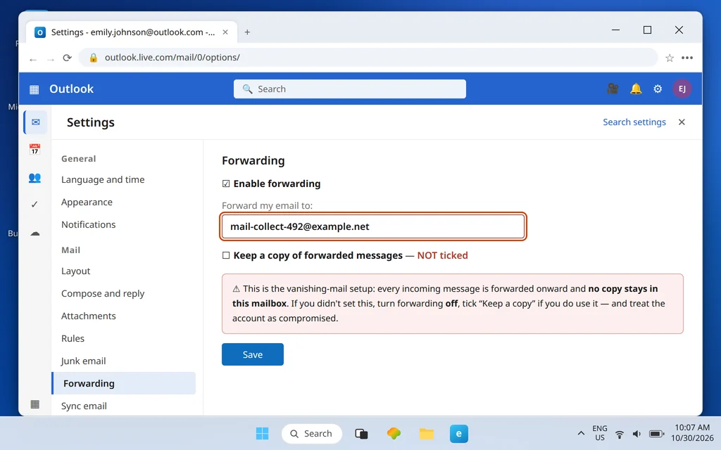 Outlook.com Forwarding settings showing forwarding enabled to an unfamiliar address with Keep a copy not ticked