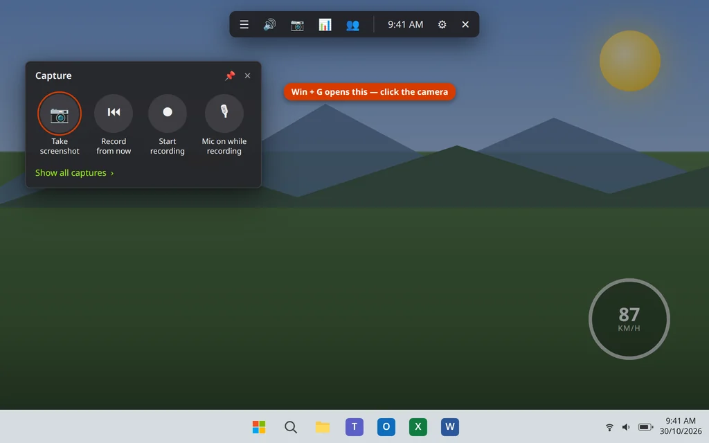 Xbox Game Bar overlay on Windows 11 with the Capture widget and Take screenshot camera button