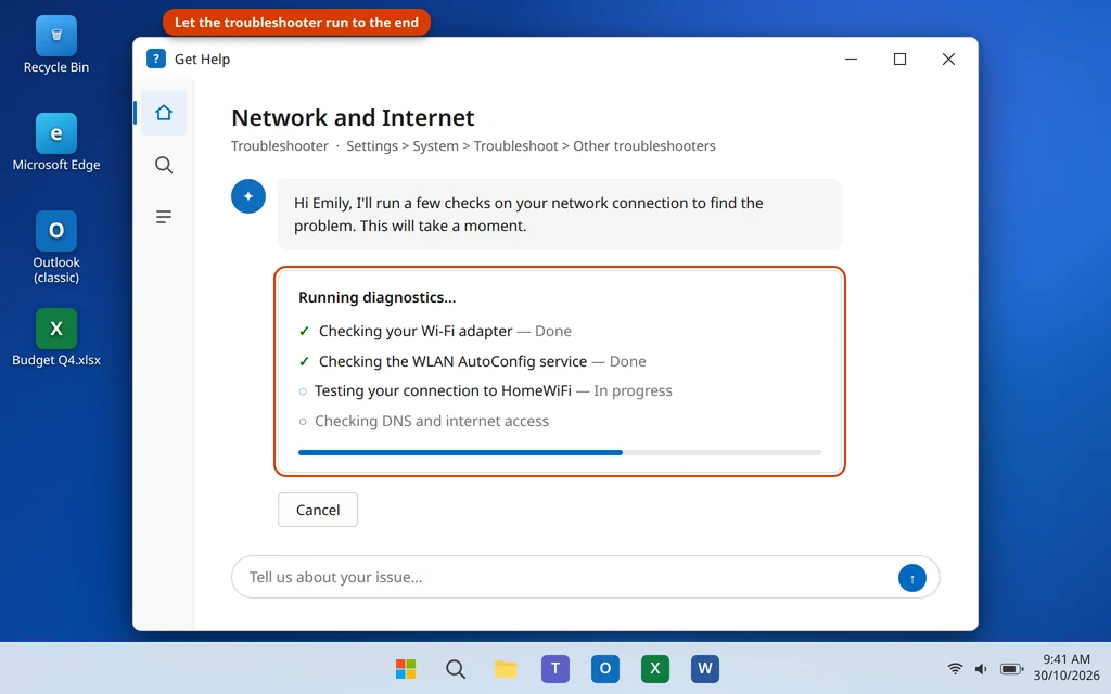 Get Help app running the network and internet troubleshooter in Windows 11