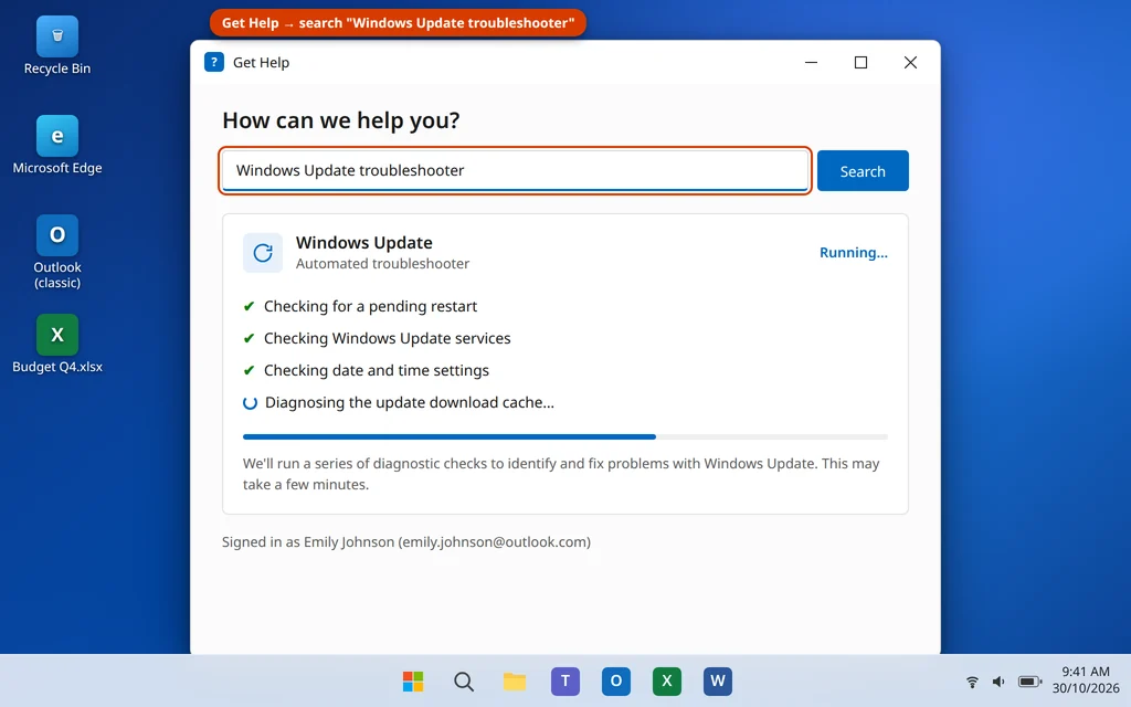 Windows Update troubleshooter running in the Get Help app on Windows 11