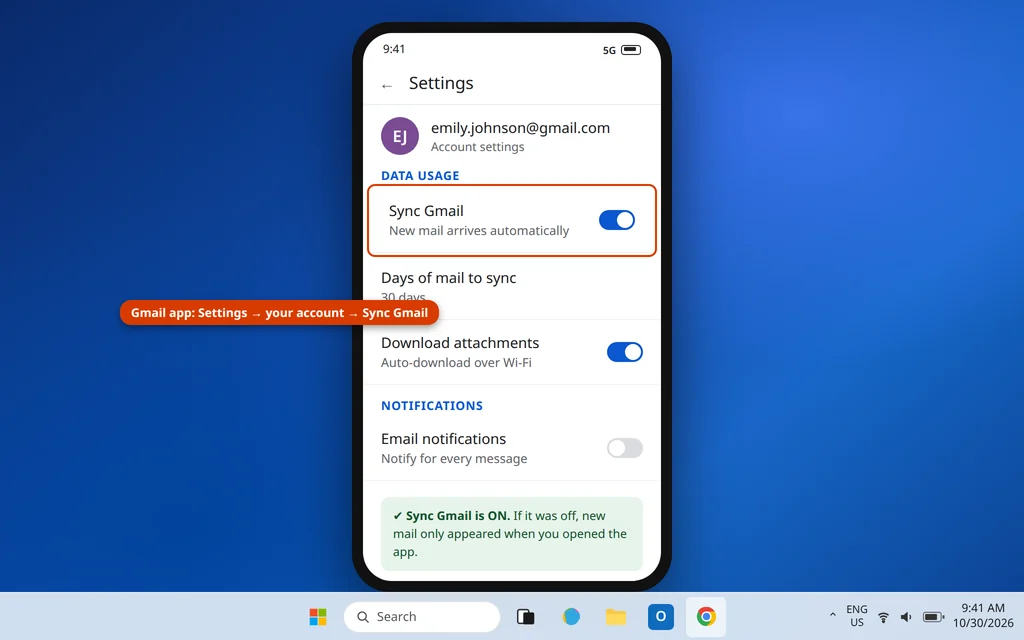 Gmail app account settings on a phone with the Sync Gmail option switched on