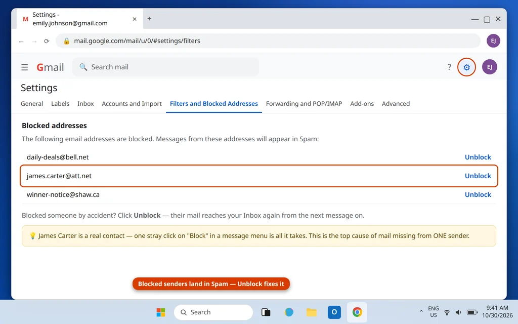 Gmail blocked addresses list with the Unblock option for a sender