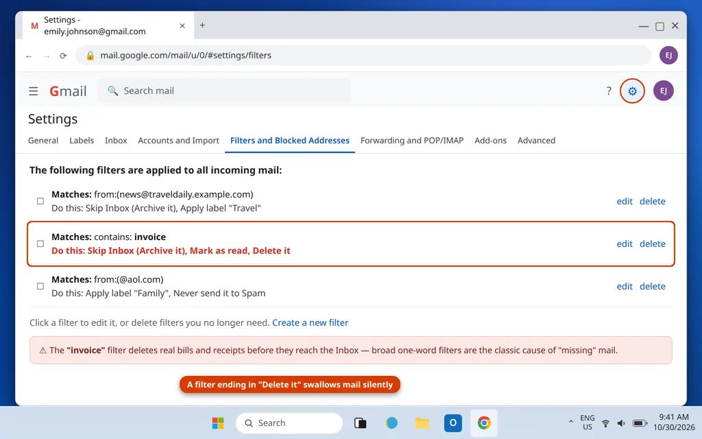 Gmail Filters and Blocked Addresses settings showing a filter that deletes matching incoming mail