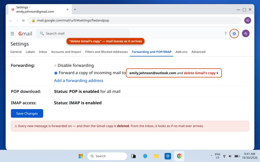 Gmail Forwarding settings set to forward a copy of incoming mail and delete Gmail's copy