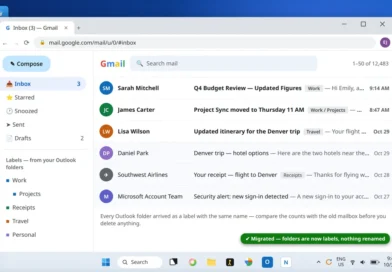 Gmail inbox after migration showing Outlook folders as labels and the migrated mail