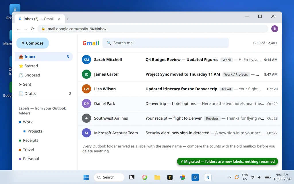Gmail inbox after migration showing Outlook folders as labels and the migrated mail