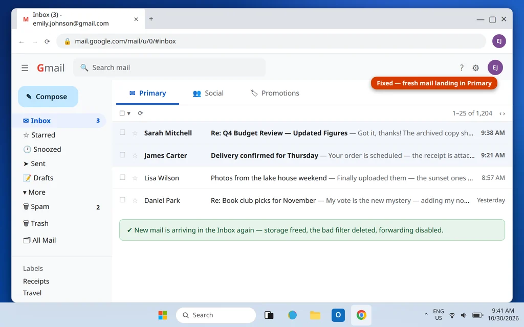 Gmail Inbox receiving new emails again after fixing a full storage account
