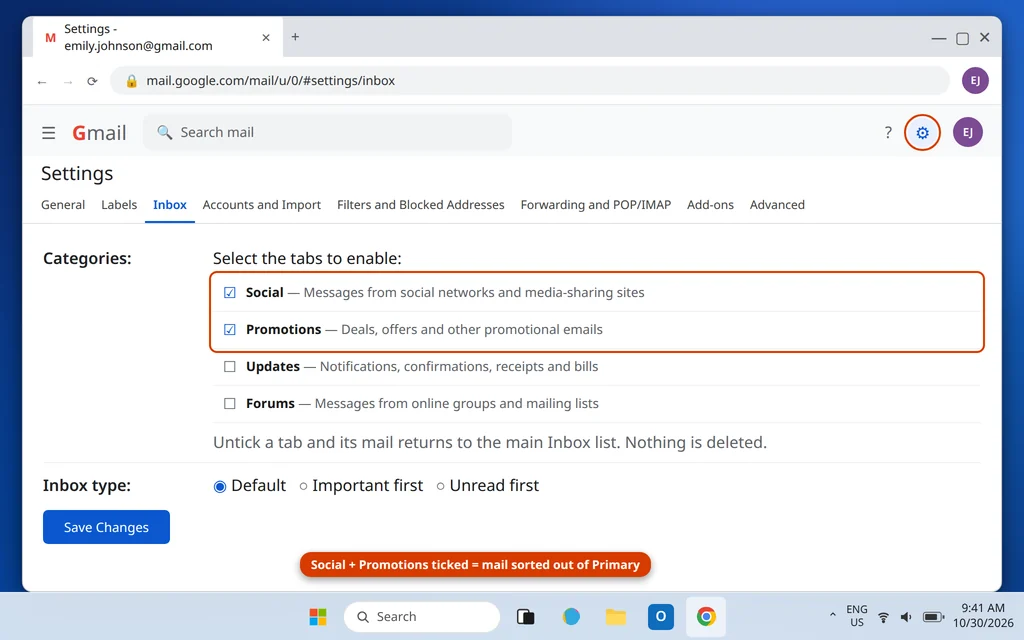 Gmail Inbox settings Categories section with Social and Promotions tabs selected