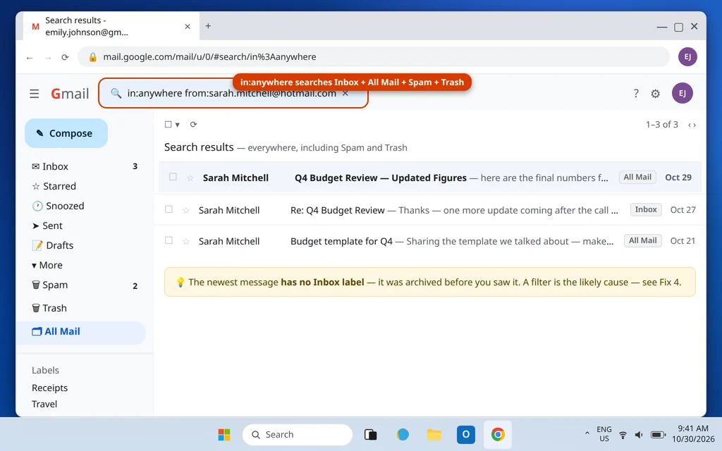 Gmail search using in:anywhere to find a missing email across All Mail, Spam and Trash
