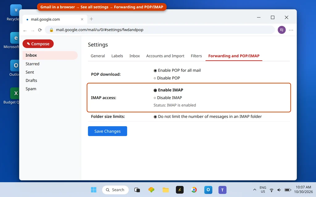 Gmail settings Forwarding and POP/IMAP tab with Enable IMAP selected