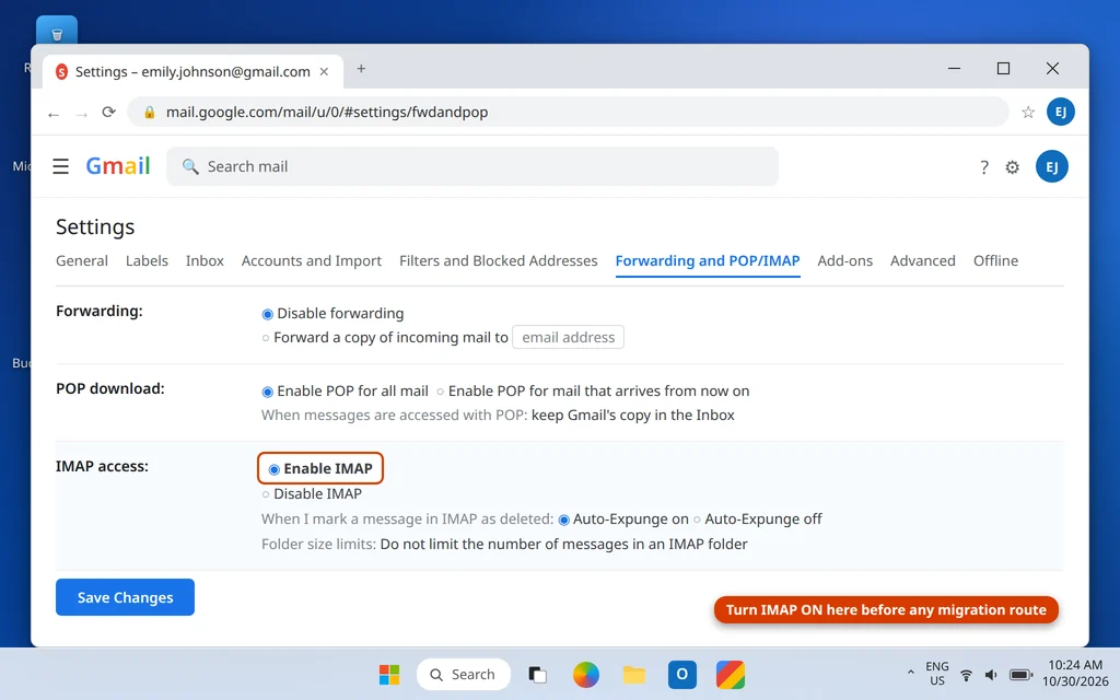 Gmail settings Forwarding and POP/IMAP tab with IMAP access enabled before migrating to Microsoft 365