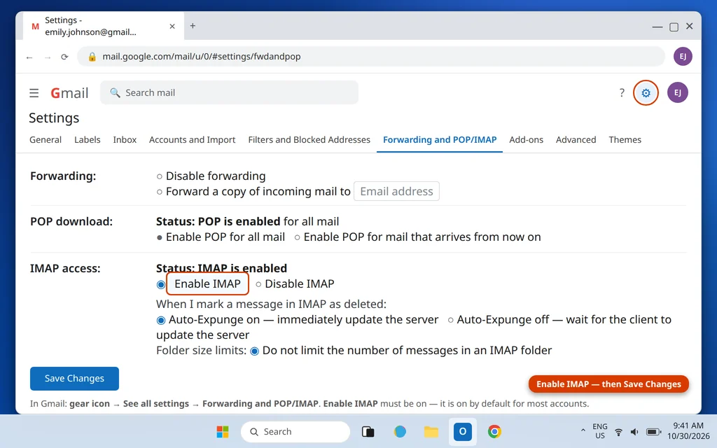Gmail Settings Forwarding and POP/IMAP tab with Enable IMAP selected