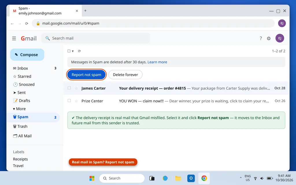 A legitimate email found in the Gmail Spam folder with the Not spam button highlighted